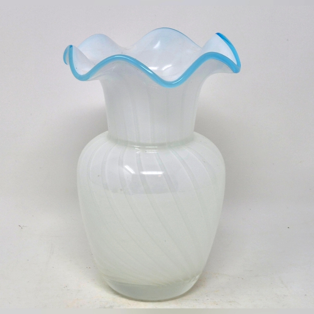 White Swirl Vase With Ruffled Edge And Blue Trim